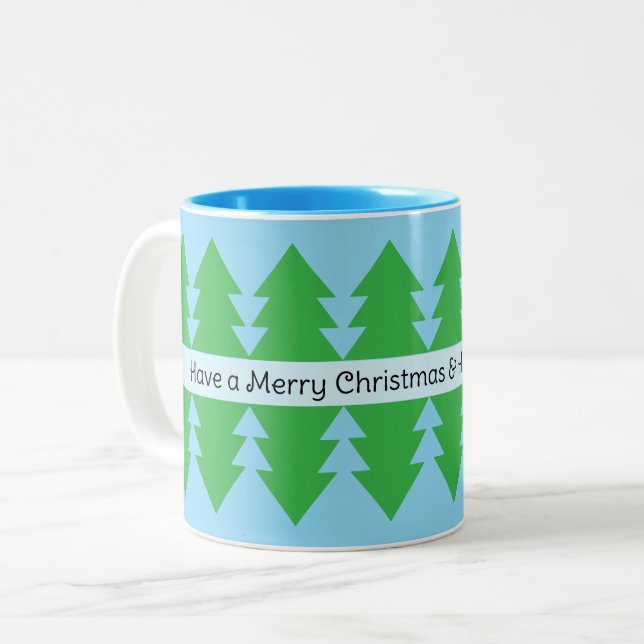 Caneca De Café Em Dois Tons Design Azul de Árvore Simples, Feliz Natal (Frente Esquerda)