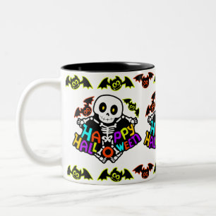 Caneca De Café Em Dois Tons Design Caprichoso de Esqueleto e Morcegos de Hallo