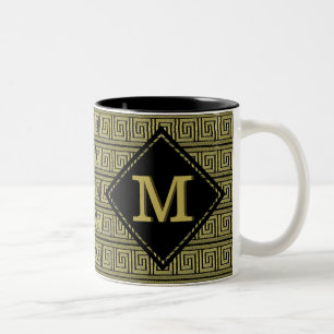 Caneca De Café Em Dois Tons Design Clássico Chave Grega em Dourado e Preto