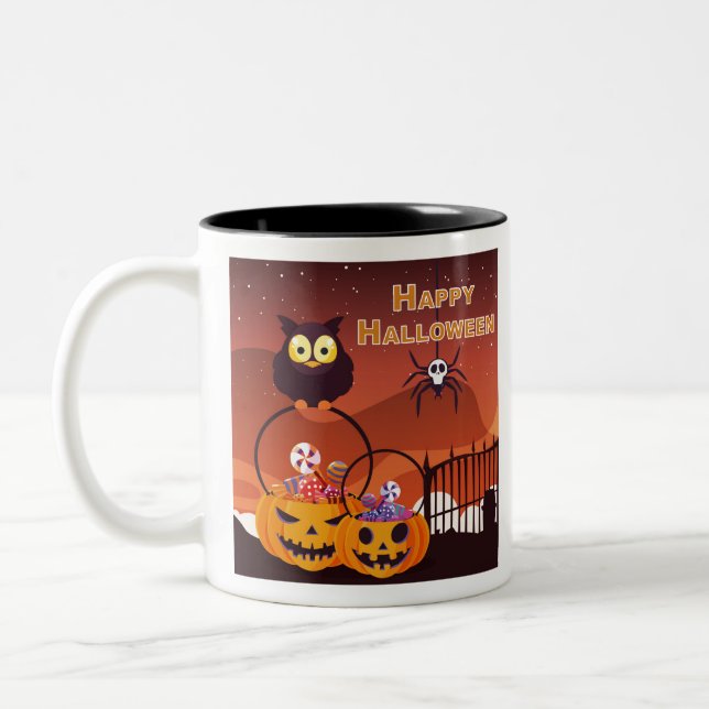 Caneca De Café Em Dois Tons Design de Feliz Halloween Muito Bonito (Esquerda)