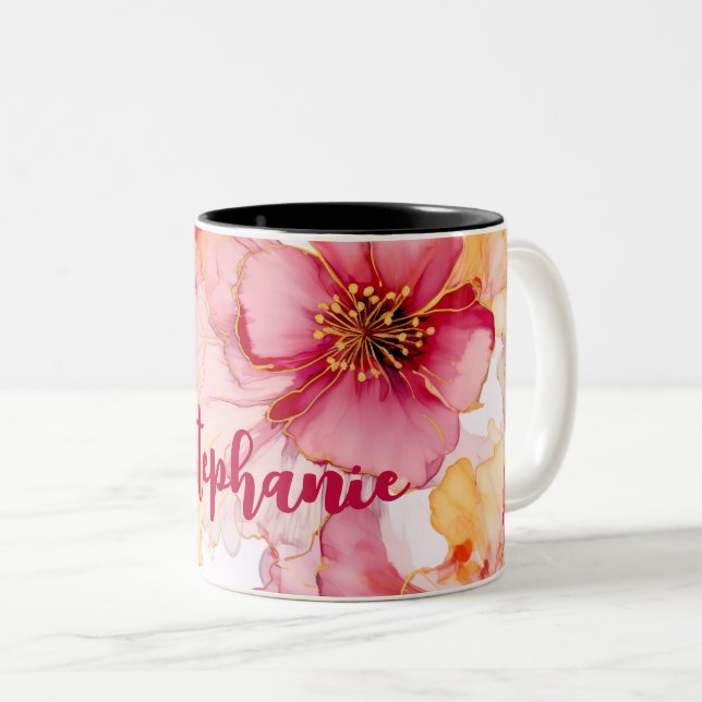 Caneca De Café Em Dois Tons design de flor de aquarela com nome (Frente Esquerda)