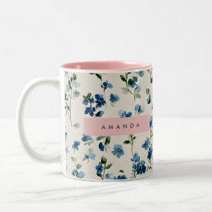 Caneca De Café Em Dois Tons Design de flor selvagem azul-legante personalizado