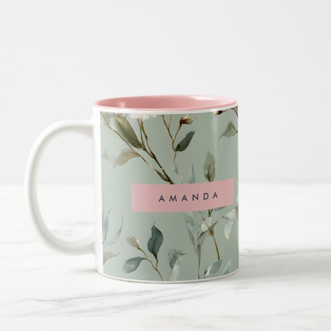 Caneca De Café Em Dois Tons Design de Flor Verde Pastel Macio Personalizado (Esquerda)