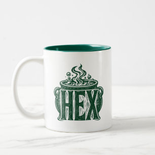 Caneca De Café Em Dois Tons Design de Linocut Hex Cauldron Halloween