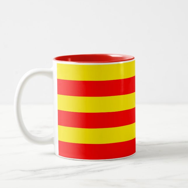 Caneca De Café Em Dois Tons Design de Listras Vermelhas e Amarelas (Esquerda)