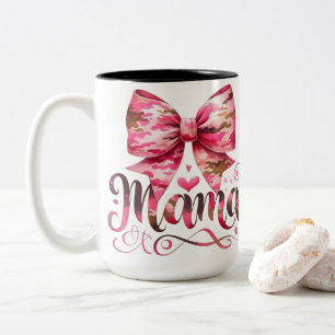 Caneca De Café Em Dois Tons Design de Rótulo Mama com Arco Camuflagem Rosa