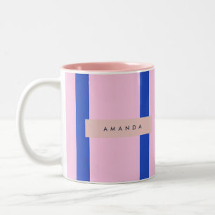 Caneca De Café Em Dois Tons Design Personalizado com Listras Rosa e Azul Real