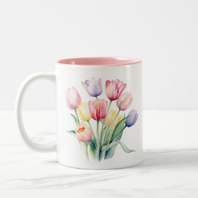 Caneca De Café Em Dois Tons Despertar primavera - Tulipas de Aquarela (Esquerda)