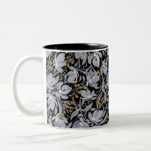 Caneca De Café Em Dois Tons Destacar - Prata e Ouro em Floral Artística Preta