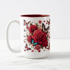Caneca De Café Em Dois Tons Destaque Vermelho com Rosas vermelhas