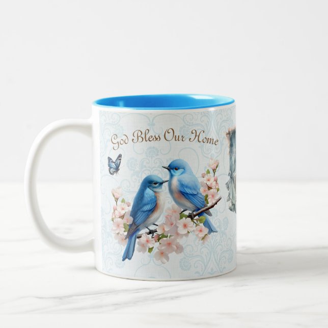 Caneca De Café Em Dois Tons Deus abençoe Nossa Matriz Floral Bluebird (Esquerda)