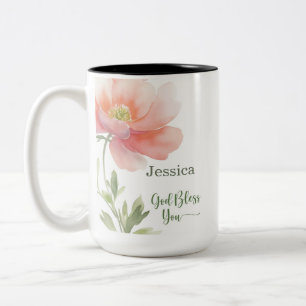 Caneca De Café Em Dois Tons Deus Abençoe Você Encoraja Apoio Aquarela Flor