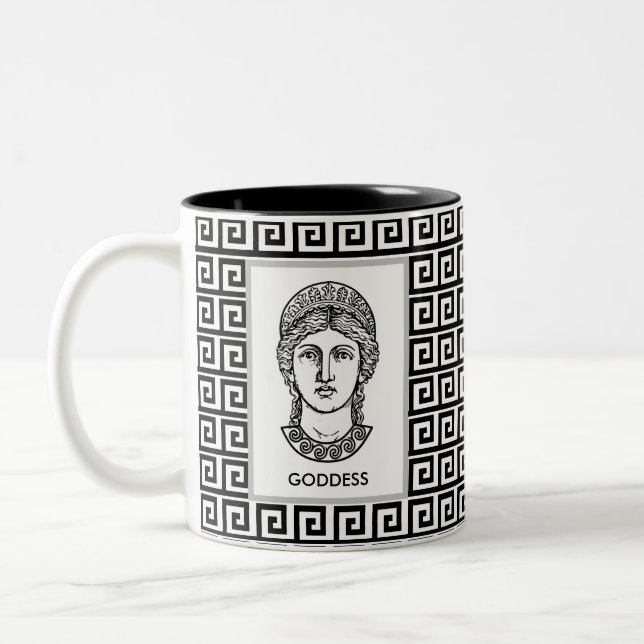Caneca De Café Em Dois Tons Deusa Grega em Padrão Geométrico Preto e Branco (Esquerda)
