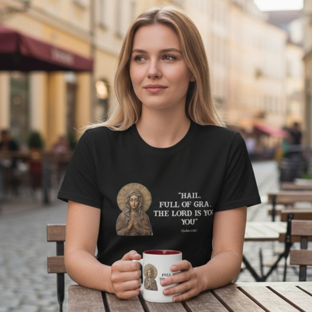 Caneca De Café Em Dois Tons Devoção Esculpida Maria de Madeira (Criador carregado)