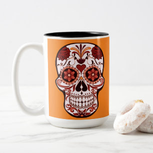 Caneca De Café Em Dois Tons Dia das Flores de Açúcar Crânio Arte Morto Laranja