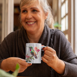 Caneca De Café Em Dois Tons Dia de as mães Aquarela Hummingbird Flores Rosa
