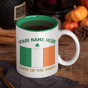Caneca De Café Em Dois Tons Dia de São Patrício Bandeira da Irlanda Nome Perso