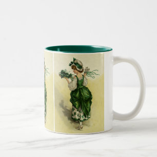 Caneca De Café Em Dois Tons Dia de São Patrício Vintage, Mulher Trevos Verdes