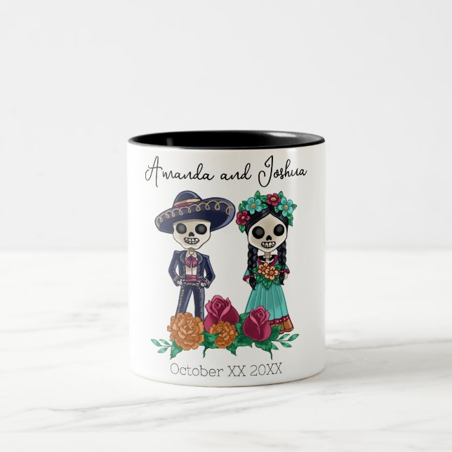 Caneca De Café Em Dois Tons Dia dos Mortos Açúcar Crânios Esqueletos (Centro)