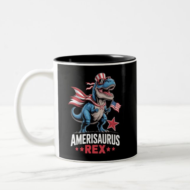 Caneca De Café Em Dois Tons Dinossauro 4 de Julho Amerisaurus T Rex Engraçado (Esquerda)