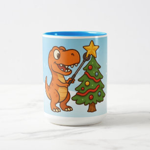 Caneca De Café Em Dois Tons Dinossauro fofo com árvore de Natal