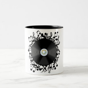 Caneca De Café Em Dois Tons Disco de Vinil Antigo e notas musicais