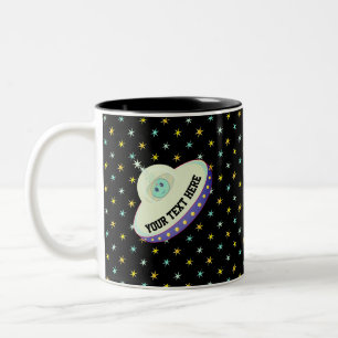 Caneca De Café Em Dois Tons Disco voador moderno e estrelas a preto