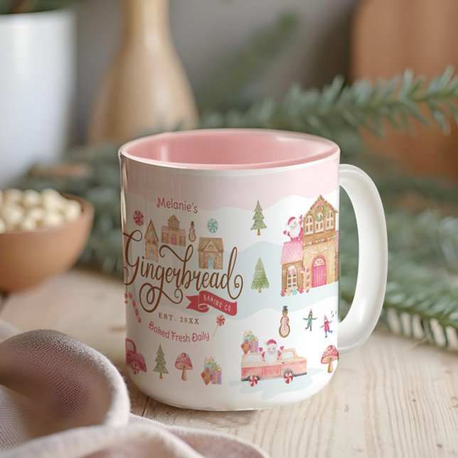Caneca De Café Em Dois Tons Diversão Gingerpão Bakery Nome da Família Co-Perso (Fun Gingerbread Bakery Co Personalized Family Name Two-Tone Coffee Mug)