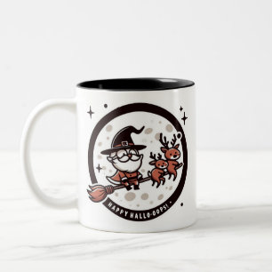 Caneca De Café Em Dois Tons Divertido "Feliz Hallo-Oops!" Papai Noel Bruxa