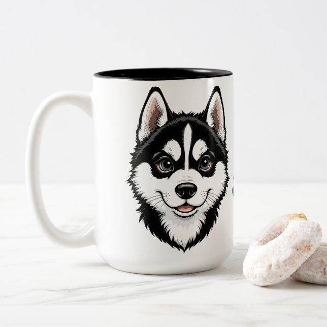 Caneca De Café Em Dois Tons Doce Siberian Husky Puppy (Com Donut)