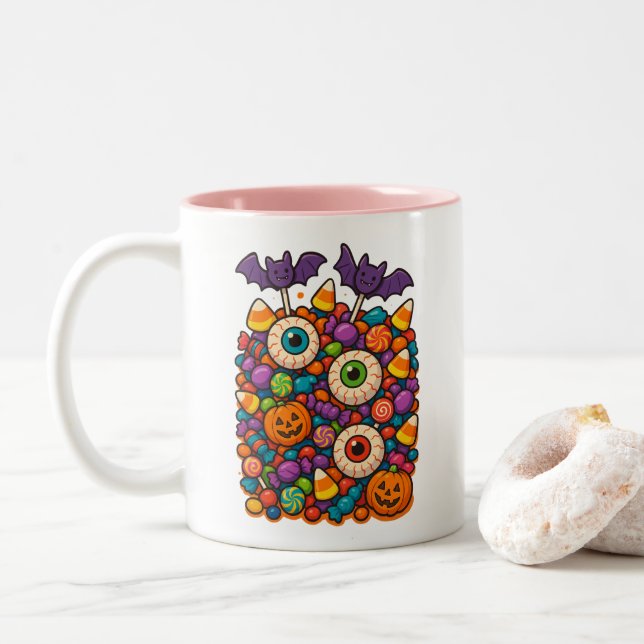 Caneca De Café Em Dois Tons Doces e Spooky no Halloween Candy Chaos (Com Donut)