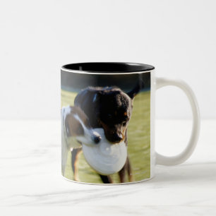 Caneca De Café Em Dois Tons Dois cães que lutam sobre o disco plástico