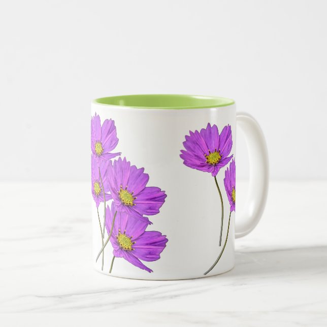 Caneca De Café Em Dois Tons Dois Cosmos Roxos Florais (Frente Esquerda)