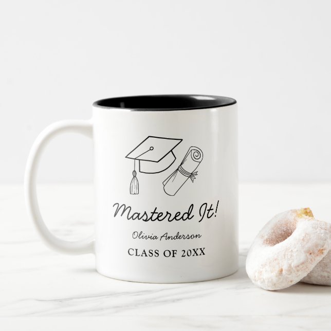 Caneca De Café Em Dois Tons Dominou! Doodle de Boina de Graduação Preta e Perg (Com Donut)