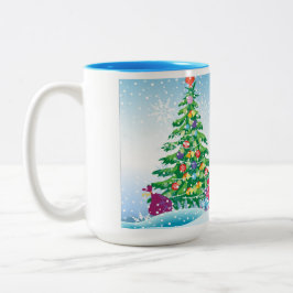 Caneca De Café Em Dois Tons Dons de Ano Novo num fundo de céu azul e