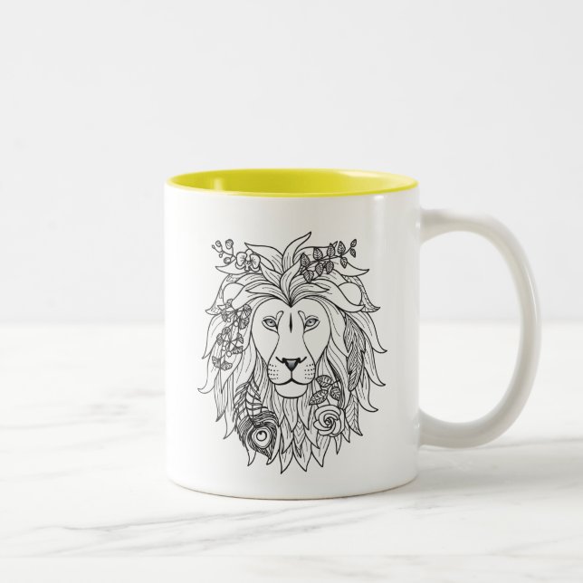 Caneca De Café Em Dois Tons Doodle do leão e das flores (Direita)