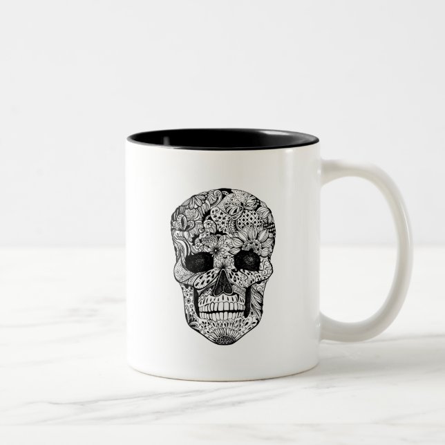 Caneca De Café Em Dois Tons Doodle floral do crânio (Direita)