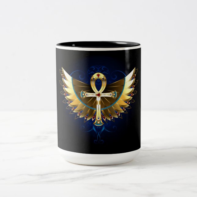Caneca De Café Em Dois Tons Dourada Ankh com Asas (Centro)