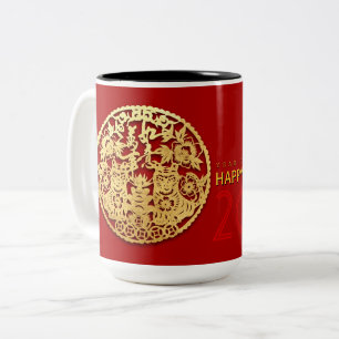 Caneca De Café Em Dois Tons Dourado Ano do Tigre Cortado em Papel Chinês Esco