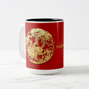 Caneca De Café Em Dois Tons Dourado Ano do Tigre Cortado em Papel Chinês Escol