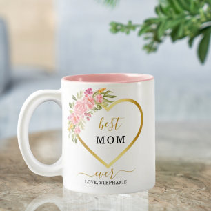 Caneca De Café Em Dois Tons Dourado Coração Rosa, Floral, Melhor Mãe Nunca