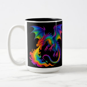 Caneca De Café Em Dois Tons Dragão arco-íris respirando chamas coloridas fanta