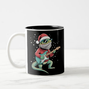 Caneca De Café Em Dois Tons Dragão Barbudo de Natal Tocando Guitarra Músico