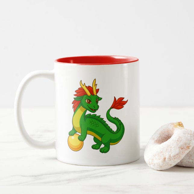 Caneca De Café Em Dois Tons Dragão Chinês Verde (Com Donut)