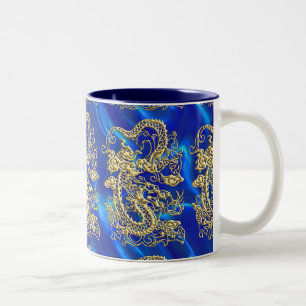 Caneca De Café Em Dois Tons Dragão Dourado embutido no Impressão Satin Azul
