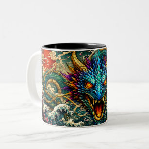 Caneca De Café Em Dois Tons Dragão Oriental & Arte Fantástica de Flores de Cer