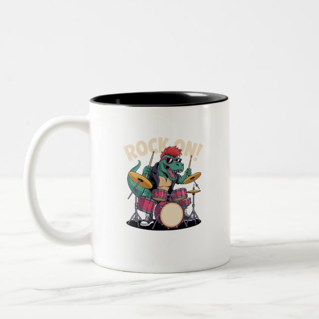 Caneca De Café Em Dois Tons Drummer do Dinossauro Punk Rock T-Rex - Percussão (Esquerda)