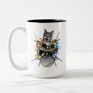 Caneca De Café Em Dois Tons Drummer Gato Tocando Tambores
