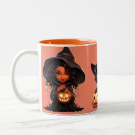 Caneca De Café Em Dois Tons Duas bruxas e um gritar de gato preto