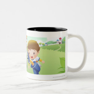 Caneca De Café Em Dois Tons Duas meninas e um menino que joga o futebol